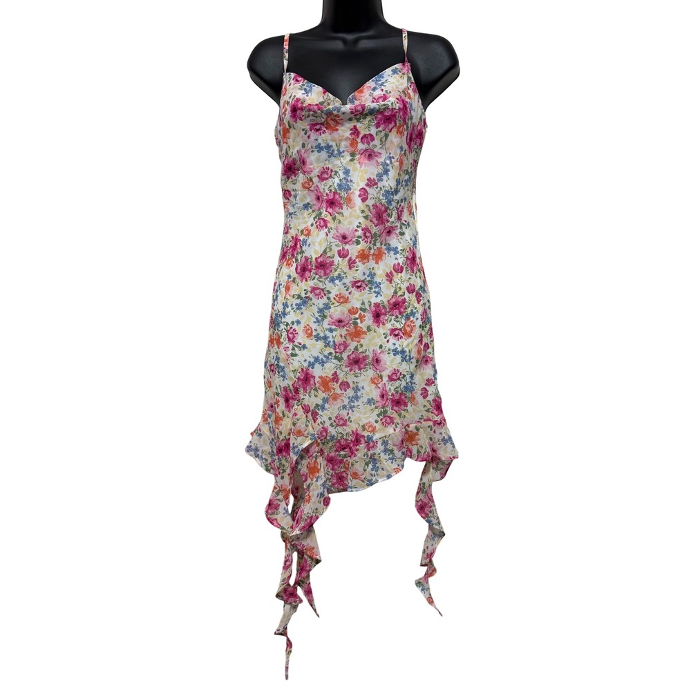 Sundress Small Pink Floral Handkerchief Hem Fairy Whimsical Flowy Coquette Y2K‎